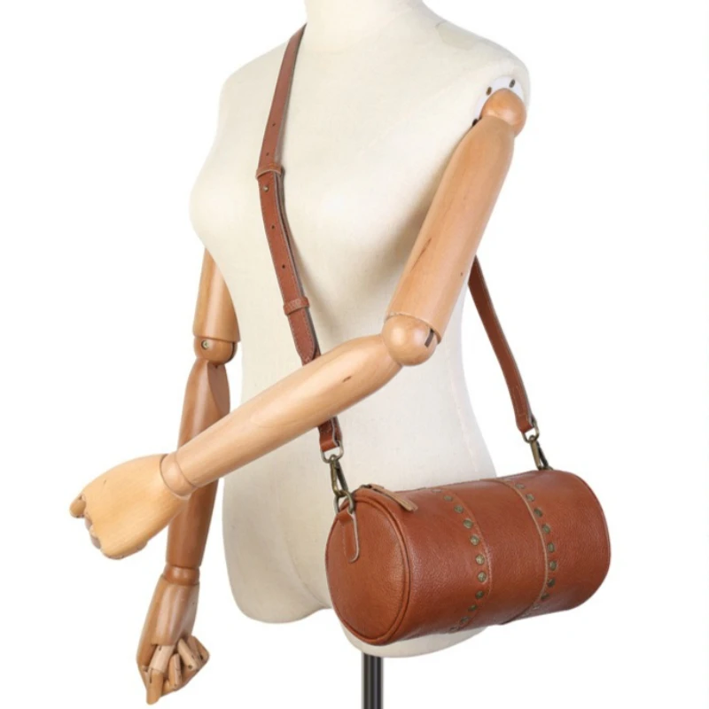 Vintage Everyday Shoulder Bag for Women Genuine Leather Vegetable Tanned Studded Detail Luxury Handbag Portable