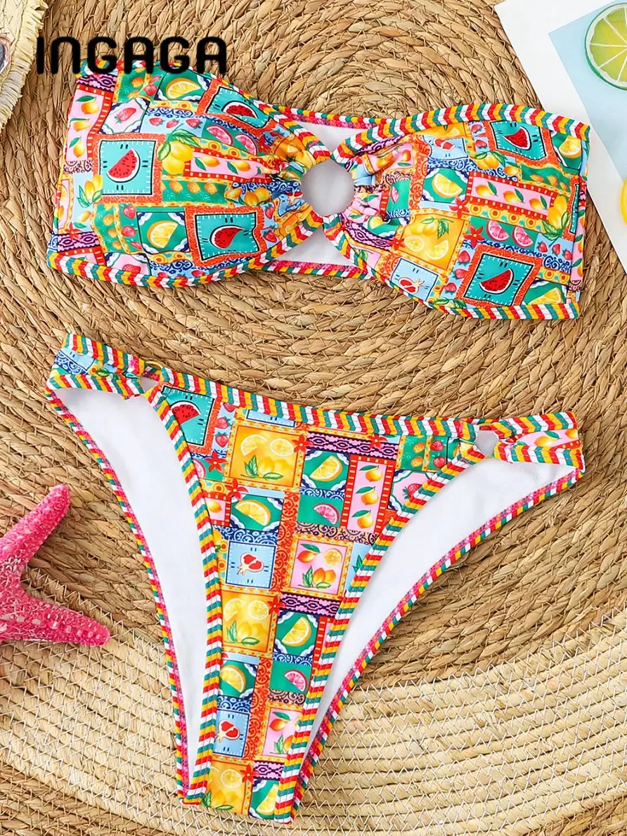 

Sexy Women's Bandeau Off Shoulder Bikini Set Floral Print Whip Stitch 2 Piece Swimsuits Bathing Suits