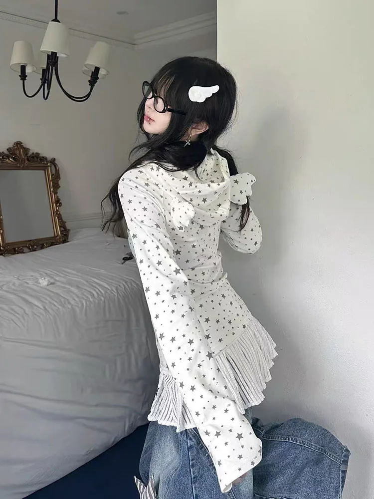 Star Print Hooded T Shirt for Women Y2K Japanese Patchwork Long Sleeve Tops Autumn Sweet Preppy Slim Punk Hoods Tees Mujer