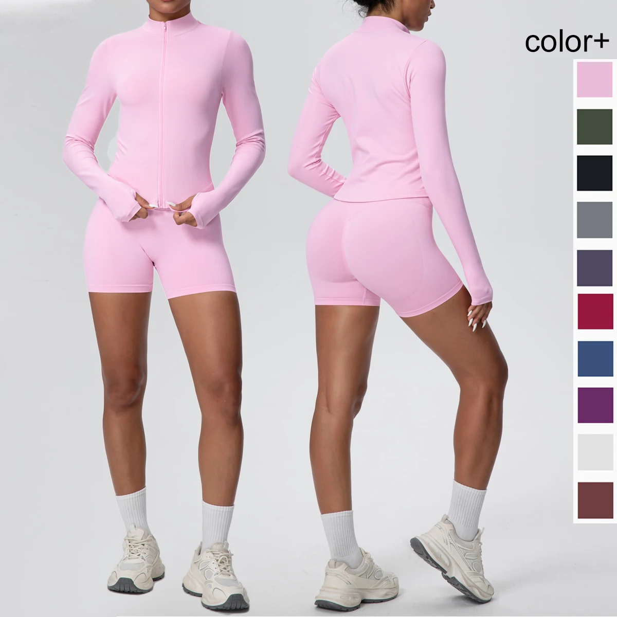 

Летний высокопрочный женский комплект для йоги в тренажерном зале, однотонный комплект на молнии с длинными рукавами для йоги, быстросохнущие шорты для фитнеса с высокой талией