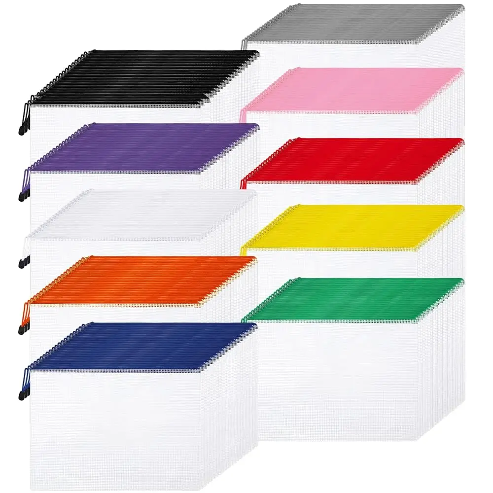 

200 Pcs A4 Mesh Zipper Pouch Bulk Waterproof Mesh Zipper Organizer Plastic File Folder Case for School Office Supplies Docume