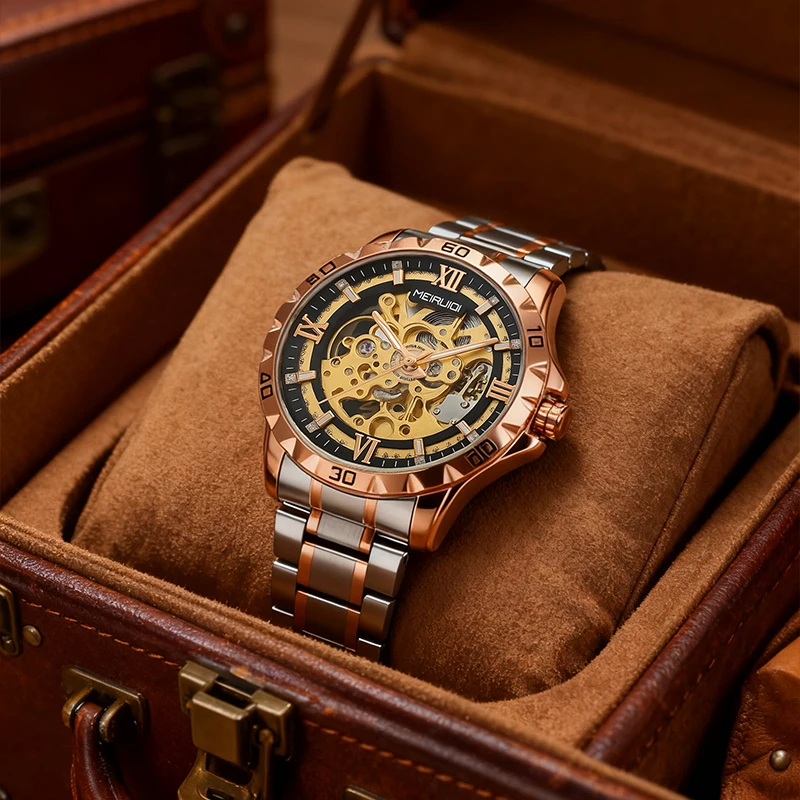 

Мужские наручные часы в черном цвете, модный дизайн, полностью автоматические, с полым корпусом, механические.