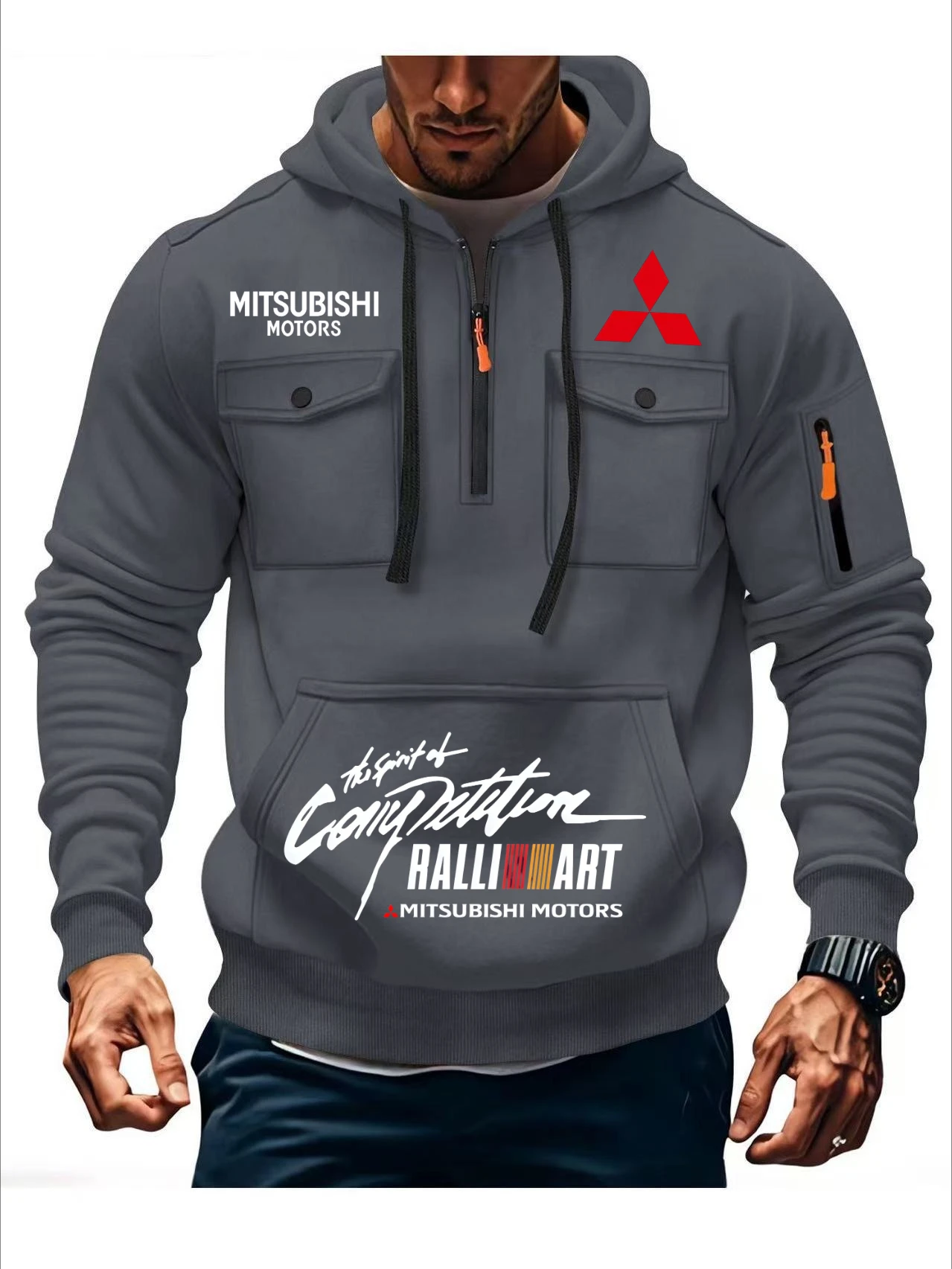 Mitsubishi's New Autumn and Winter Men's Hoodie with Multiple Pockets, Hooded Long Sleeves and Plush Casual Sports Jacket Top