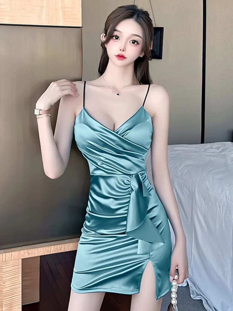 New Sexy 2023 Spicy Girl Smooth Satin Suspender Side Split Dress Summer Women's Temperament Fashion Slim Wrap Hip Dress MUMJ