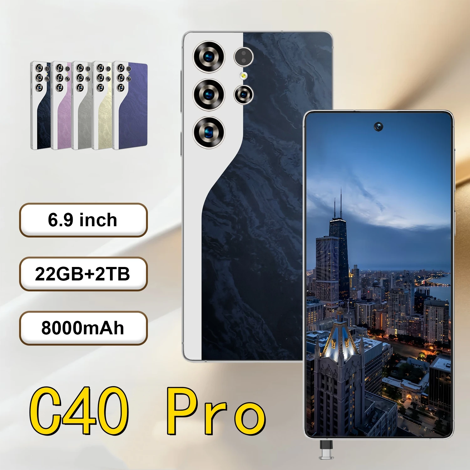 Celular Inteligente Original C40 Pro 2026 de Alta Qualidade com Sistema Dual Chip 4G 5G, Versão Global 22G 2T e Bateria de 8000mAh