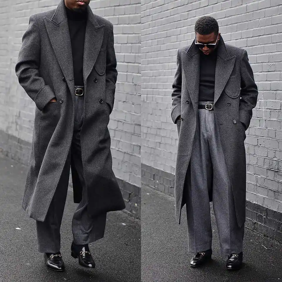 

Classic Wool Blends Men Long Coat Peaked Lapel Double Breasted Groom Wedding Tuxedos Customized One Piece Winter Overcoat