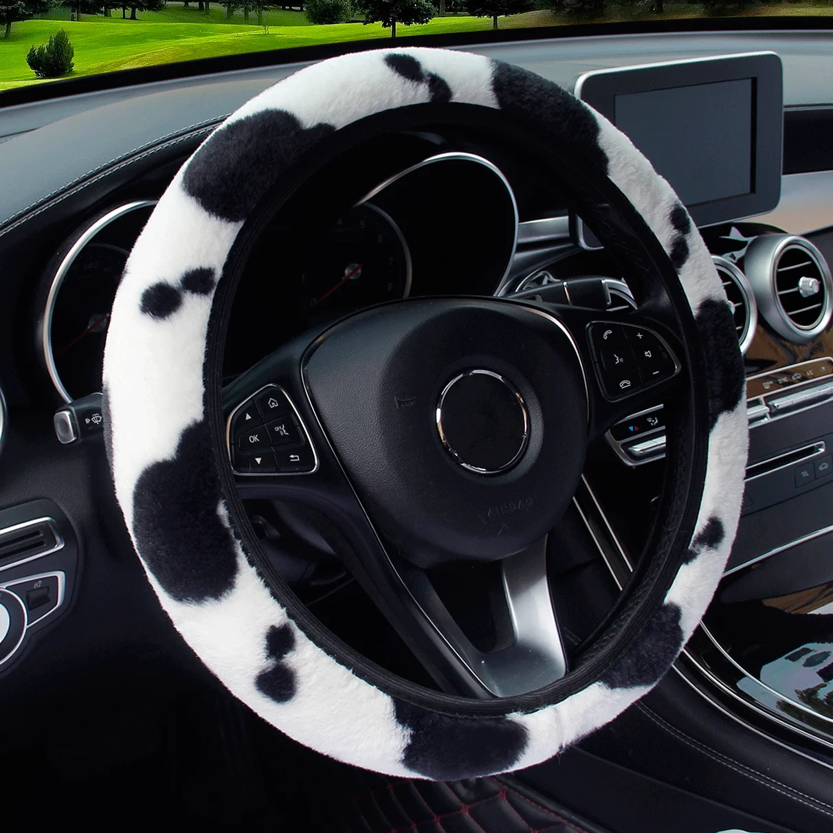 3-piece set - Women's winter warm plush steering wheel cover - Cowhide handbrake cover - Gearshift cover - Car interior set