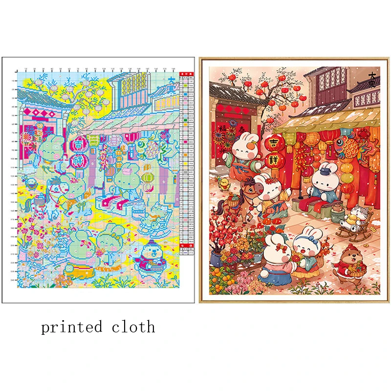 

Chinese New Year Rabbits With Threads Drawing Needles Printed DIY Cross Stitch Kit 9CT 11CT Set For Embroidery kit Needlework