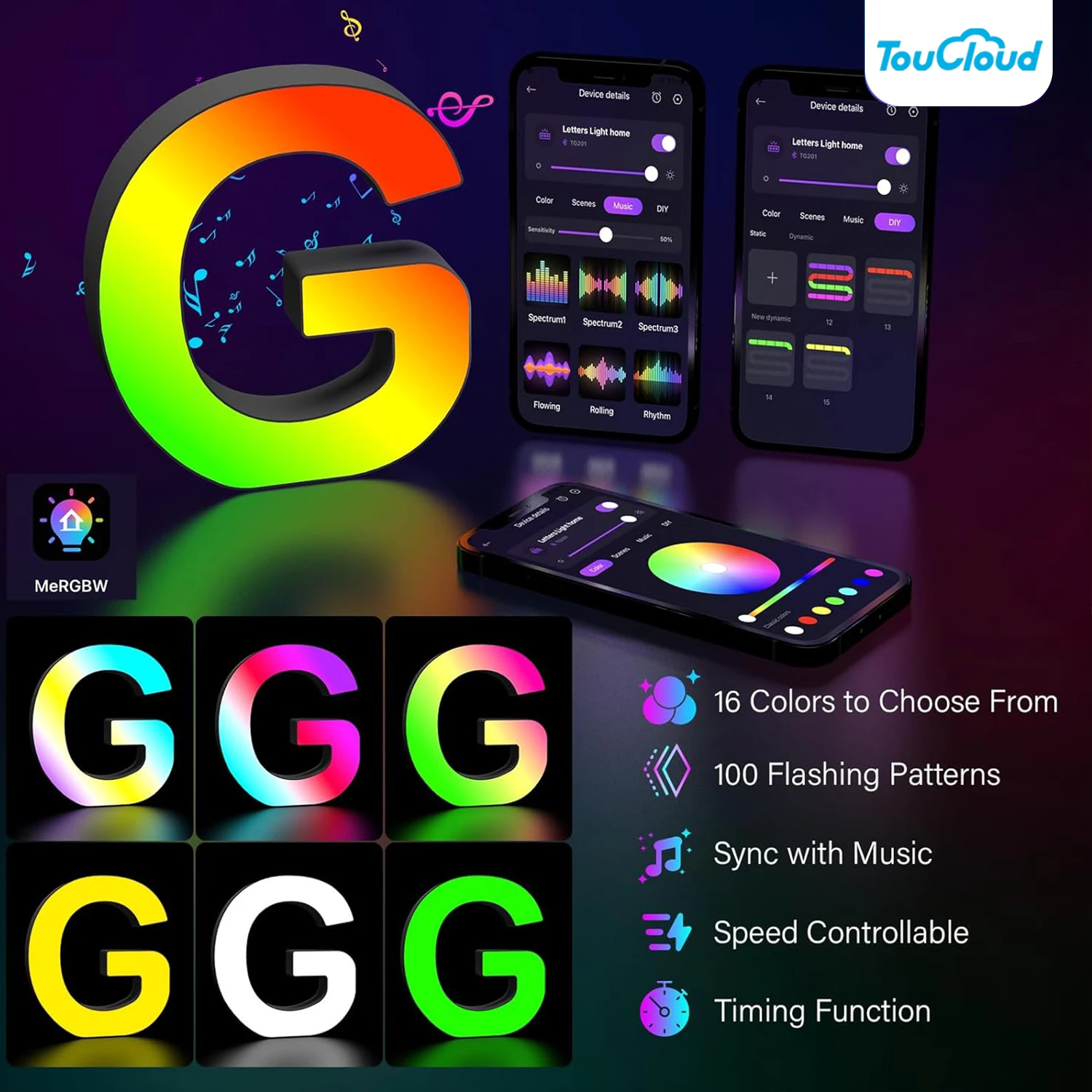 Table Lamp RGB 26 alphabet Smart APP 128+ Scenes Music Livingroom Bedside Nightstand Office Reading Working Night Light Letter G