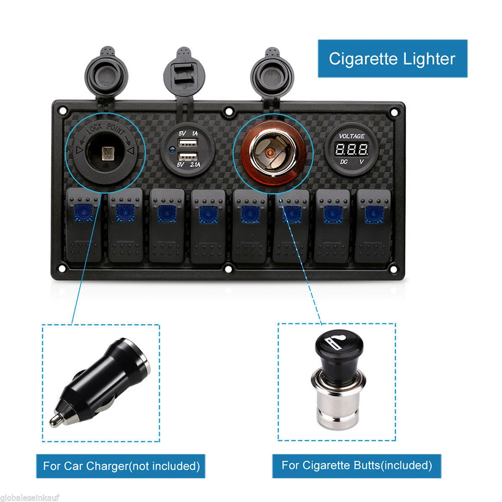 Panel de interruptor basculante de 8 entradas, 12V, 24V, con disyuntor de carga USB Dual, protección contra sobrecarga de voltaje para coche, barco,