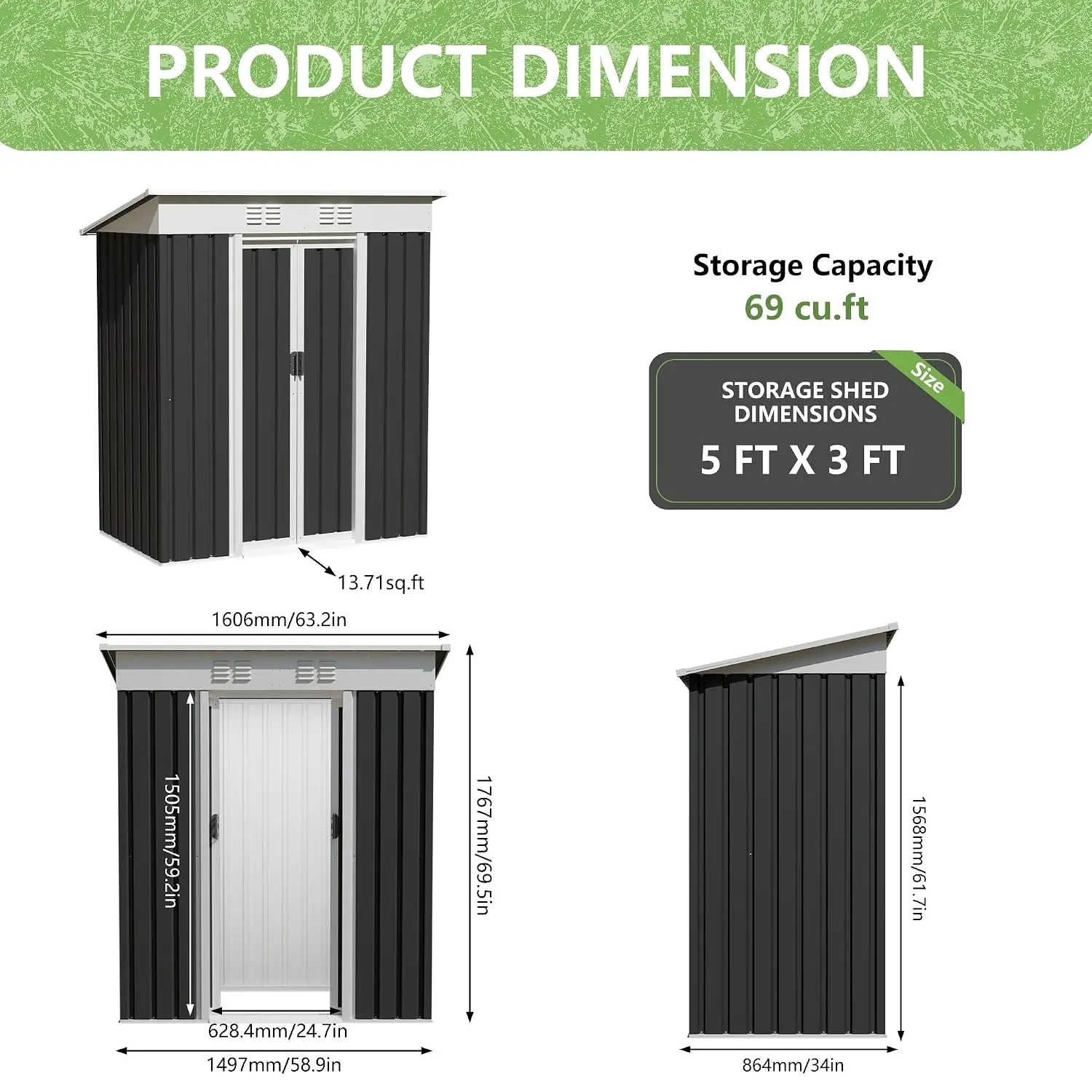 5x3FT Steel Outdoor Storage Shed Metal Garden Tool Shed Lockable Door Sloped Roof Backyard Grey, Customized