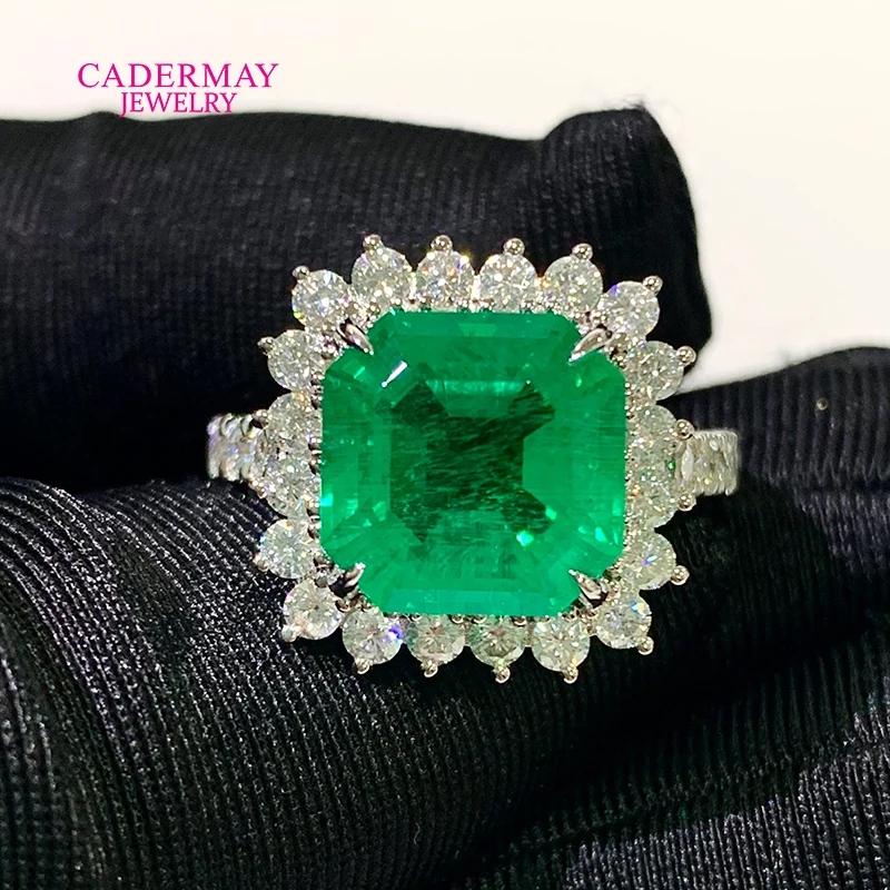 Cadermay 925 Silver 10mm Asscher Cut 2# Green Lab Grown Emerald Rings Halo Moissanite Promise Rings Women for Gift Party Wedding