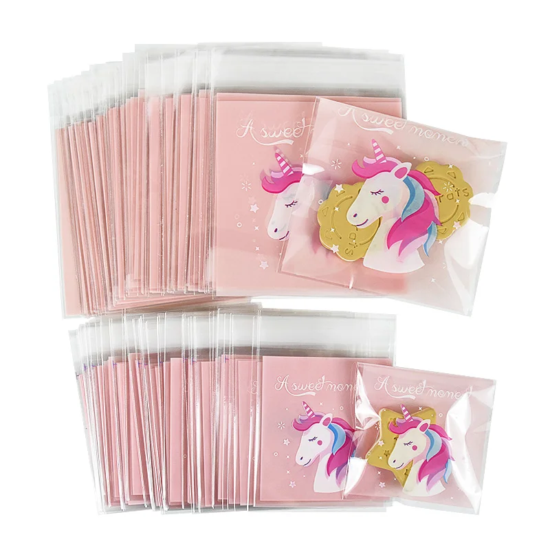 100pc Unicorn Plastic Self Adhesive Gift Bags Transparent Cookie Biscuits Candy Packaging Bag Baby Shower Wedding Party Supplies