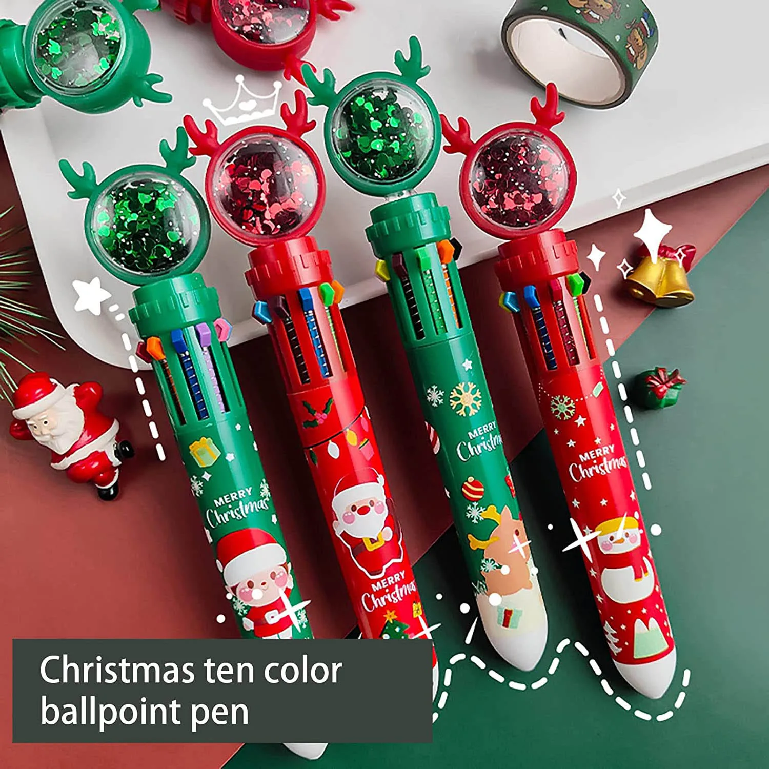 ปากกาลูกลื่นคริสต์มาส10สีปากกาลูกลื่นแบบพับเก็บได้ปากกามาร์กเกอร์หลากสี1ชิ้นของขวัญคริสต์มาส