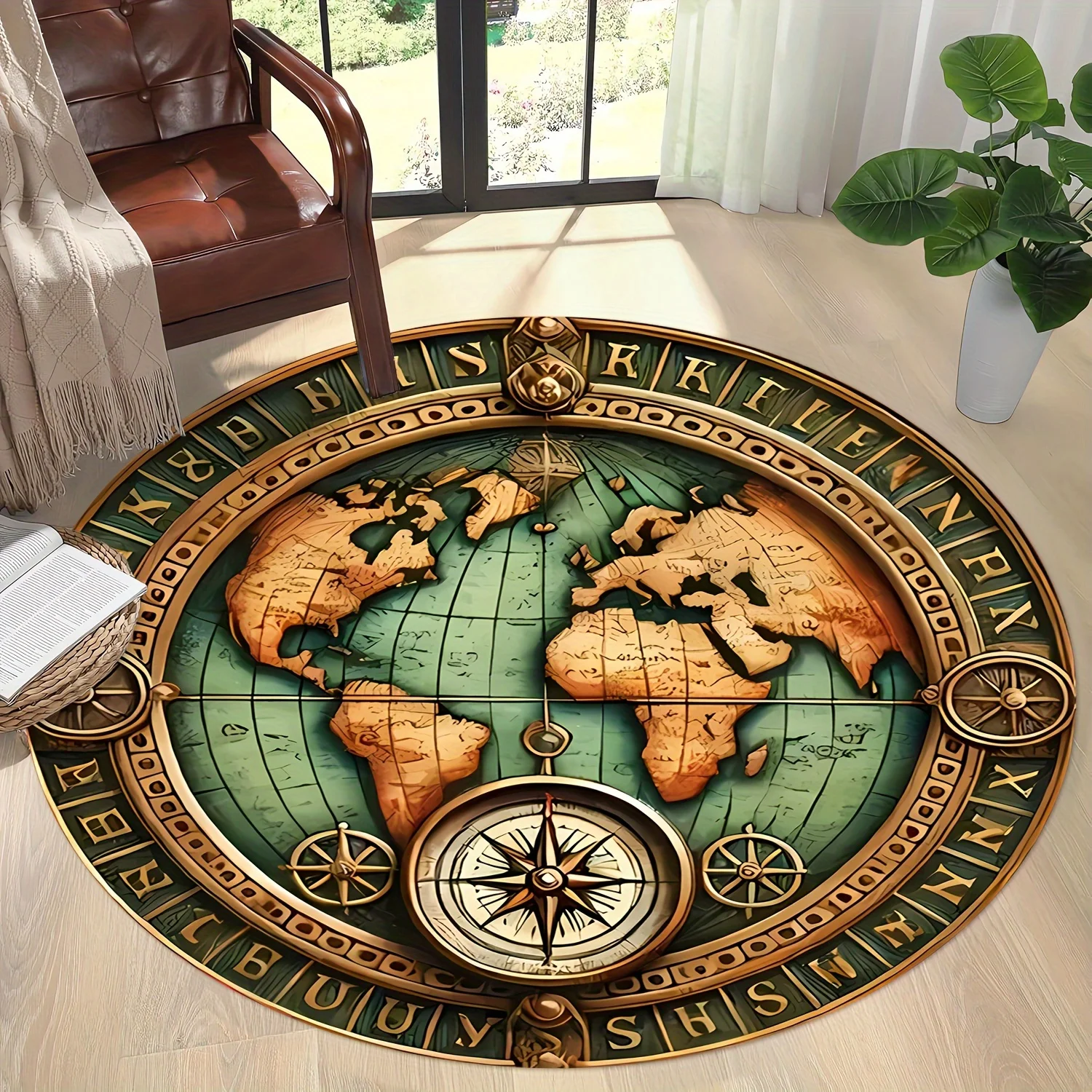 Tapis Rond Rétro Géographique 3D Carte Terrestre Antidérapant avec Boussole Dorée – Idéal pour Chevet, Canapé, Bureau Élégant