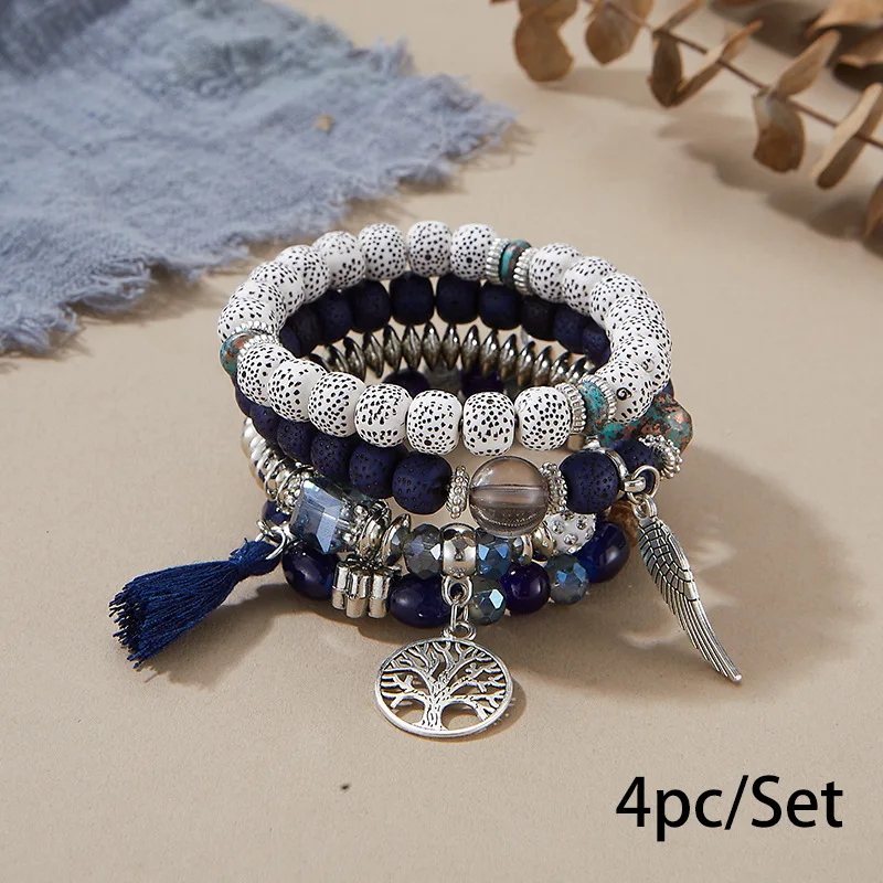4Pcs Bohemian Beaded Bracelet Set For Women I Love You Letter Round Wing Tassel Charm Elastic Chain Bangle Girls Boho Jewelry