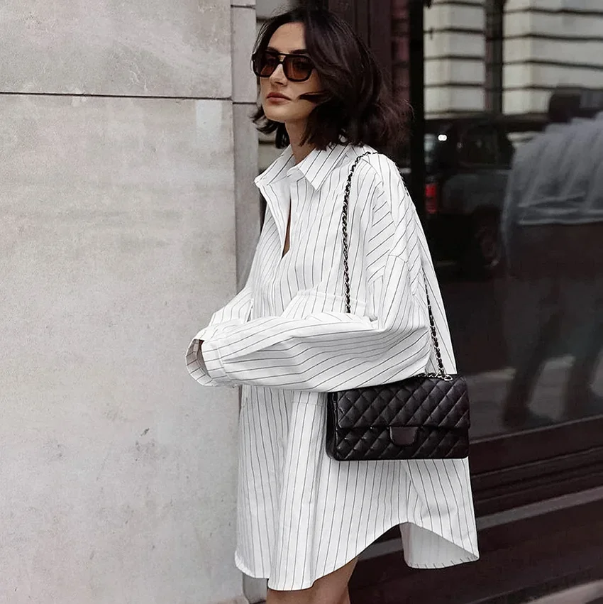 2024 Fashion Autumn Winter Women Oversized Striped Long Shirt White Long Sleeve Loose Fit Blouse Female