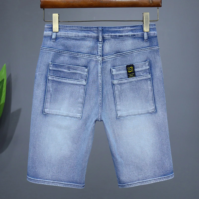 Light Blue Elastic Denim Shorts Men's Summer Thin Fashion Straight Jeans Cool Comfortable Knee Length Korean Simple Casual Pants