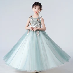 Child Girl Dress Flower Mesh Sleeveless Costume Princess Dress Sweet Tutu Skirt Summer White Green One Piece