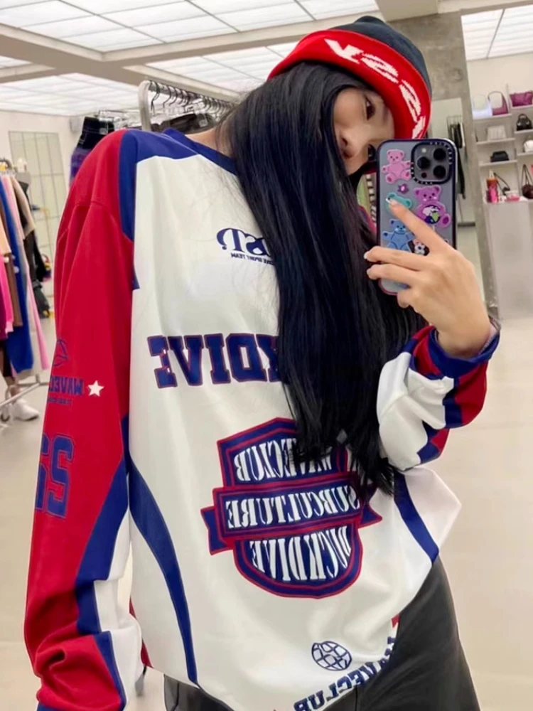 Y2K Patchwork Long Sleeve T-shirt New Vintage Letter Printed Contrast Couple Jerseys Summer Cool Breathable Bottom Sports Tops