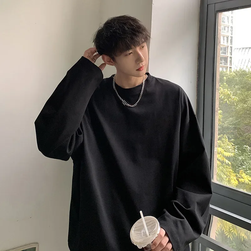 Trendy Autumn Long Sleeve Men's T-Shirt Oversize Pure Cotton Inner Base Layer Top Black Sweatshirt Streetwear Crew Neck