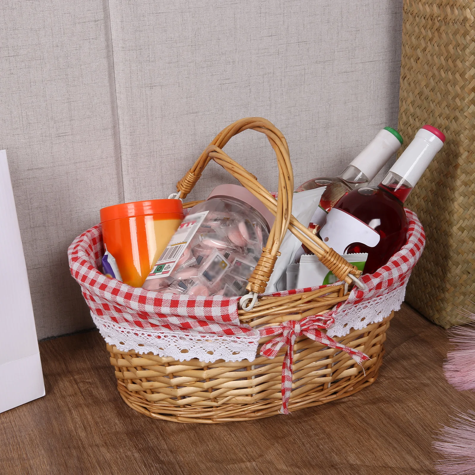 Picnic Basket with Handle Rattan Woven Basket with Dual Handles Multipurpose Portable Basket for Picnic Festival Activities