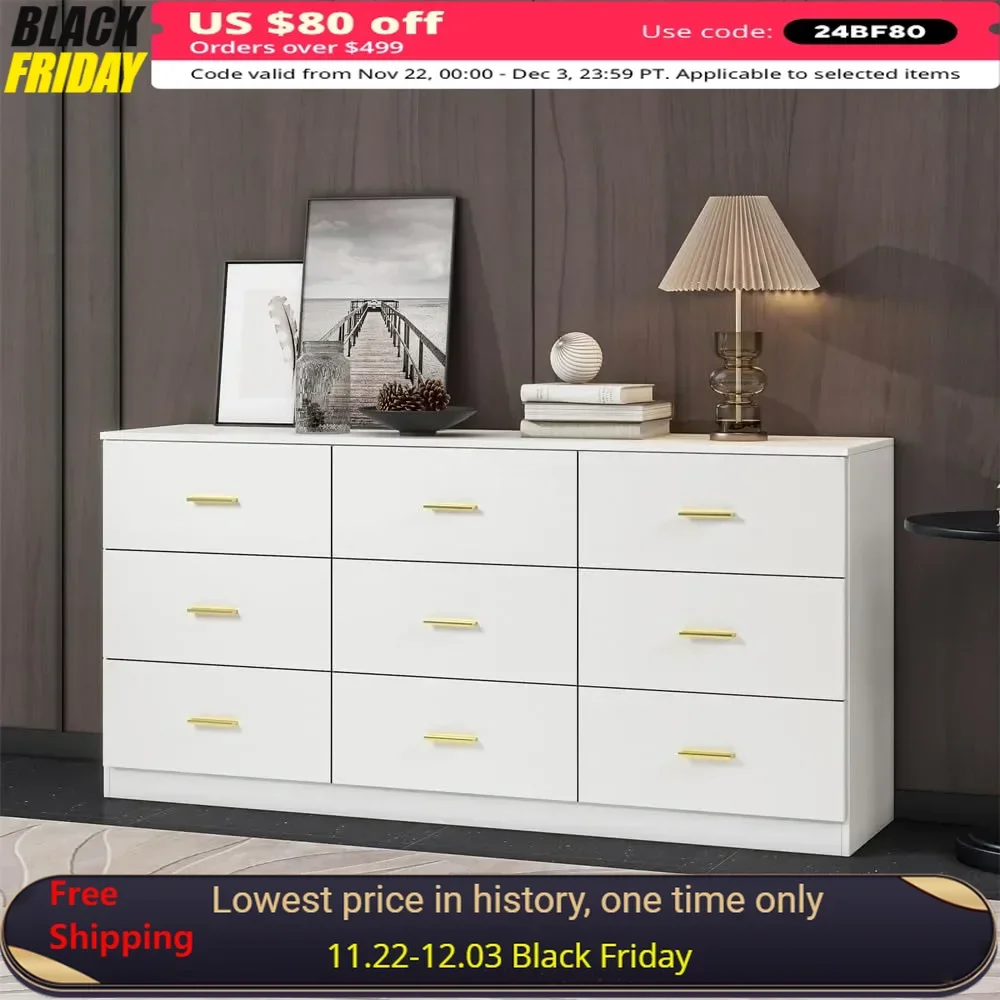 

Dressers White table in the bedroom, large 9 drawers with gold handles, furniture in the bedroom, TV cabinet in the bedroom