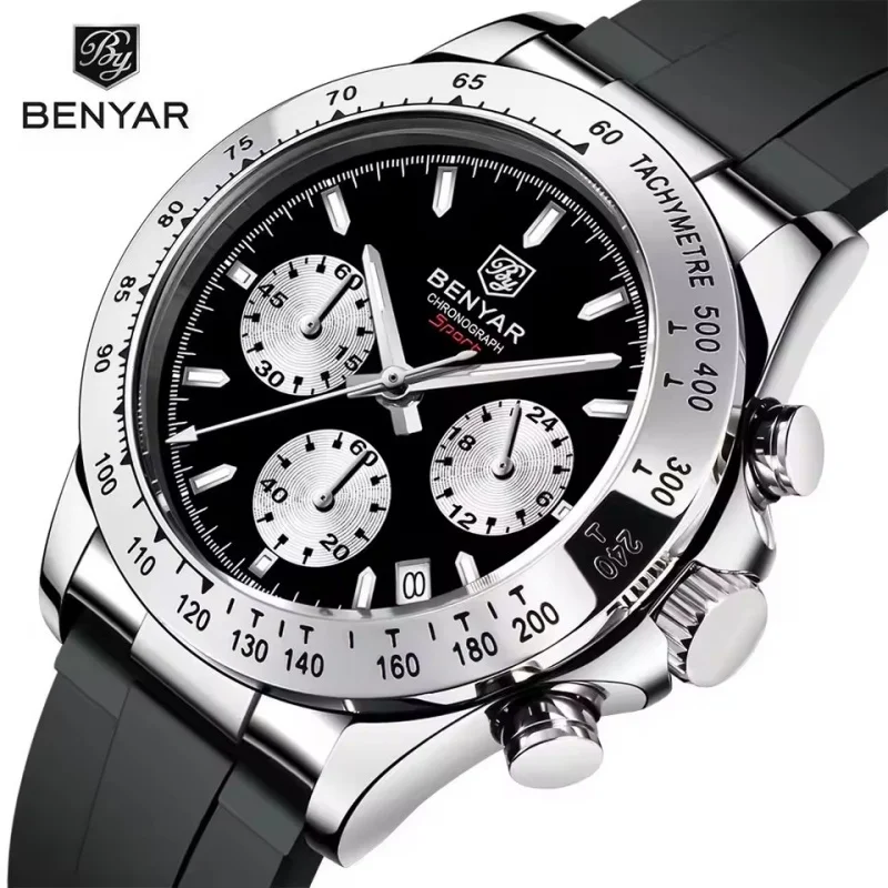 BENYAR 5192 montre à Quartz de luxe décontractée pour hommes lunette en acier bracelet en Silicone étanche multi fonctionnelle veilleuse montre pour hommes cadeau