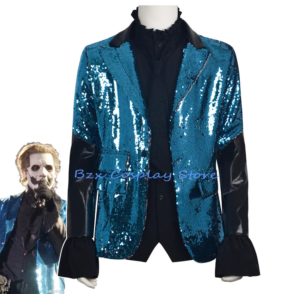 

Anime Ghosts Cosplay Man Blue Sequin Coat Cosplay Jacket Shirt Tie Clothing Set Halloween Party clown Sparkling Outfit for Ghost