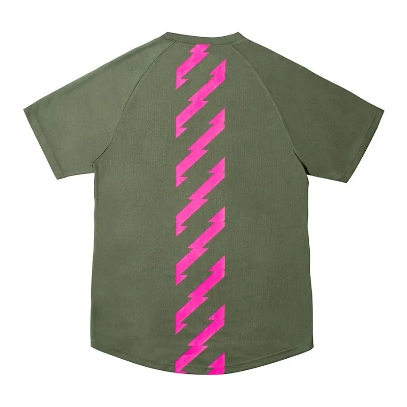 Military Green Fluorescent Powder Lightning Cycling Short Sleeved Vertical Lightning Printed Outdoor Cycling Shirt