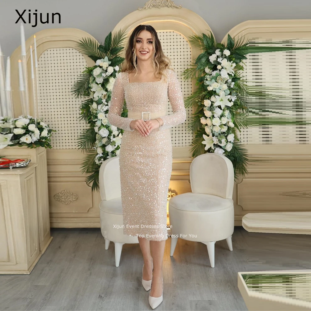 

Xijun Glitter Wedding Dress Square Collar Bridal Gowns Pearls Short Full Sleeves Prom Gowns Wedding Party Dress Formal Occasion