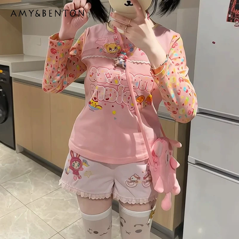 الحلو فتاة لطيف الكرتون المطرزة السراويل النساء اليابانية مرونة الخصر كل مباراة ضئيلة واسعة الساق السراويل الصيف Kawaii الوردي السراويل #5