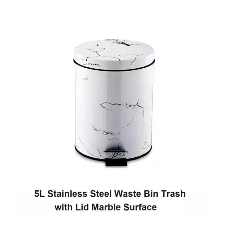 Marble White Waste Bins Stainless Steel Trash Recycle Pedal Bin for Kitchen Bathroom Dustbin Metal Garbage Can W Lid 13Gallon 5L