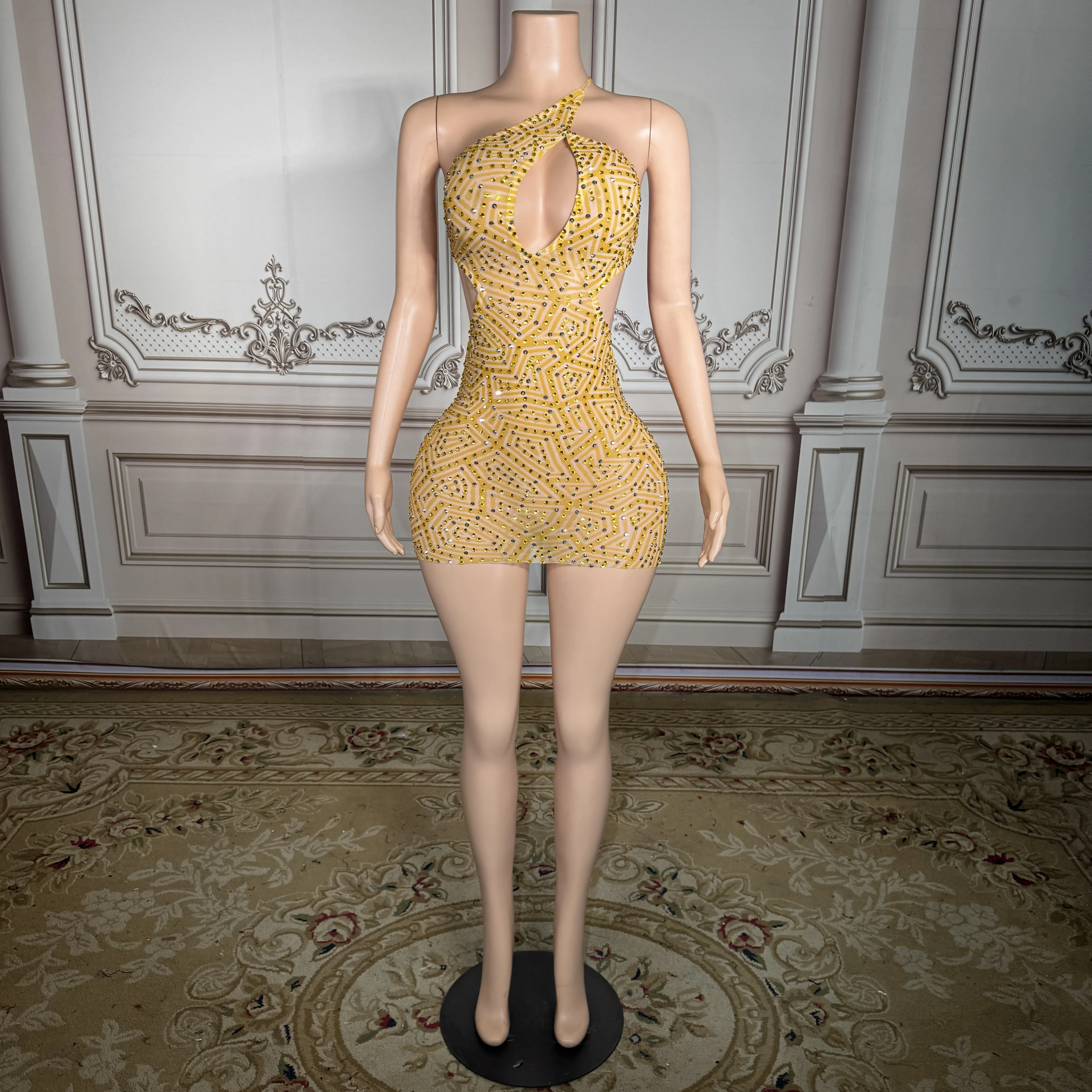 

ZD Luxury Yellow Rhinestone Mini Dress Sexy Asymmetrical Halter Cutout Romper Sparkly Crystal Bodysuit Geometric Pattern