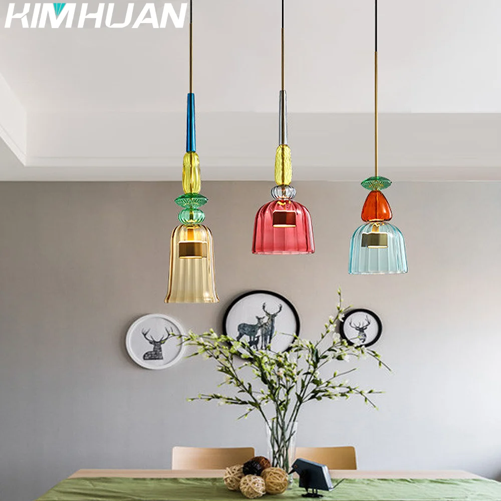 

Macaron Colored Candy Glass Pendant Lamp Restaurant Bar Children's Room Led Chandelier Modern Home Decor Lights