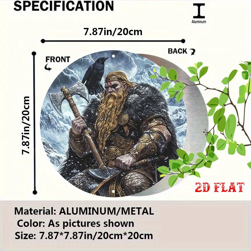 1pc Viking Warrior Snow Mountain Round Aluminum Sign - Axe & Crow Norse Mythology Metal Wall Art, 19.99x19.99 cm Rustic Contempo