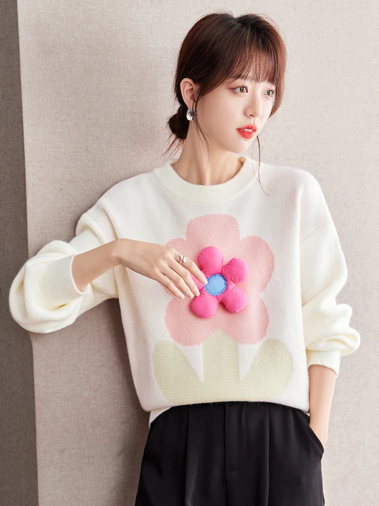 2024 Autumn Winter New Loose Sweater Sweet Three-dimensional Flower Pretty Knit Top Fashionable Casual Pullover Sweater