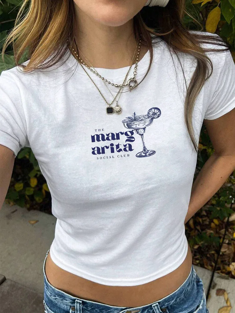 

Y2K Slim Fit Модная футболка для женщин Мартини Коктейльный принт Прямые плечи Повседневный модный топ Летняя одежда