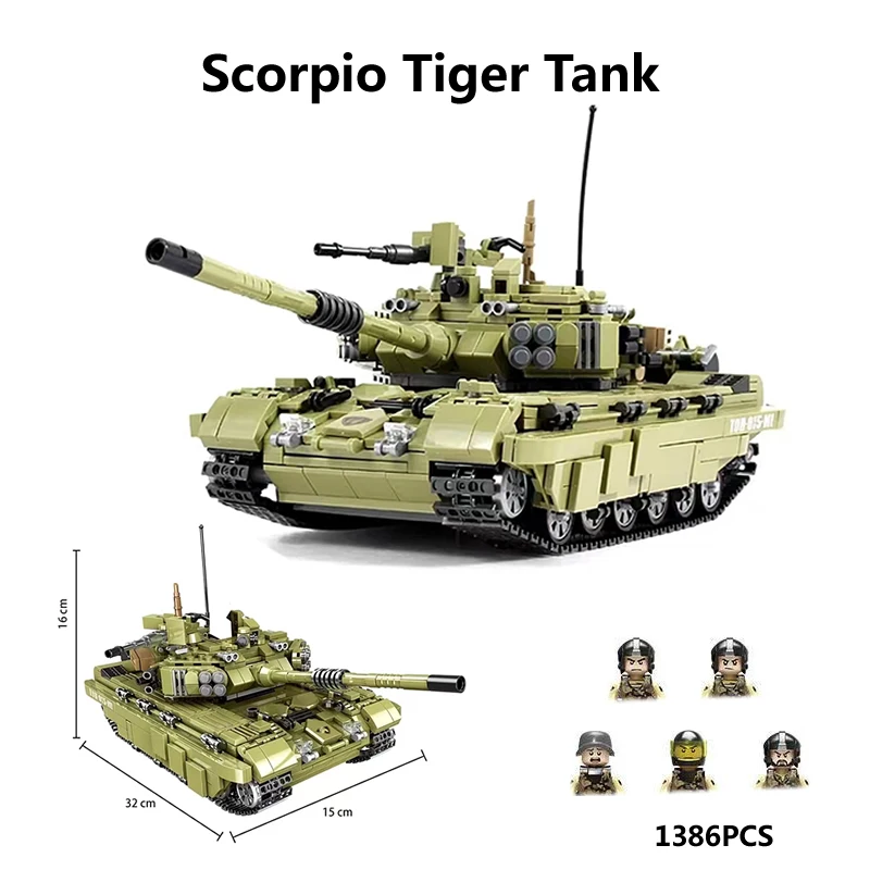 1386PCS WW2 Military The Scorpio Tiger Tank Model Building Blocks Weapons Army MOC Heavy Battle Tank  Bricks Toys For Boys Gifts