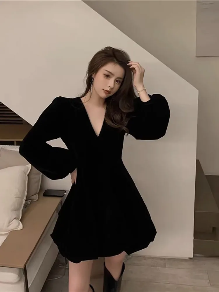 

Вечернее платье Hebe Sle Birthday Par Annual Dinner из черного бархата с V-образным вырезом, завышенной талией и юбкой А-силуэта, с длинными рукавами