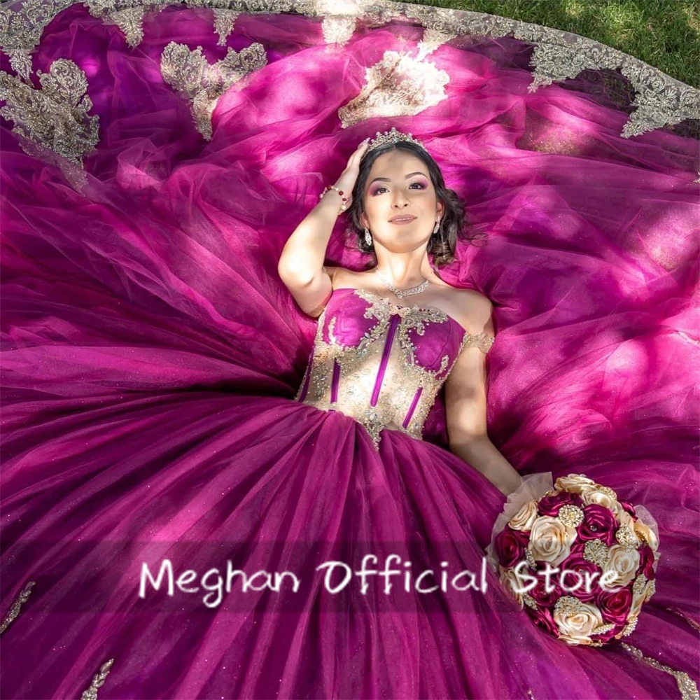 Meksiko Fuchsia Off bahu Quinceanera gaun 2025 manik gaun pesta ulang tahun gaun Applique wisuda gaun jubah disesuaikan