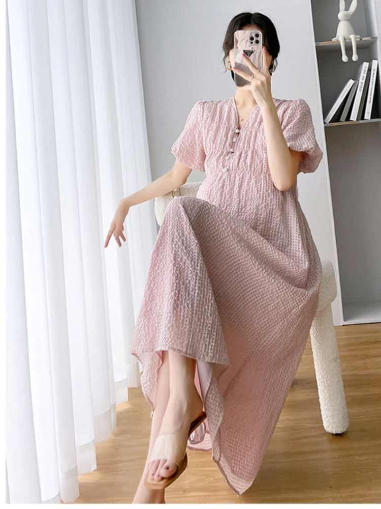 Robe d'Été à Col en V pour Femme Enceinte, Tenue à Manches Courtes, Rose, Douce, Maxi