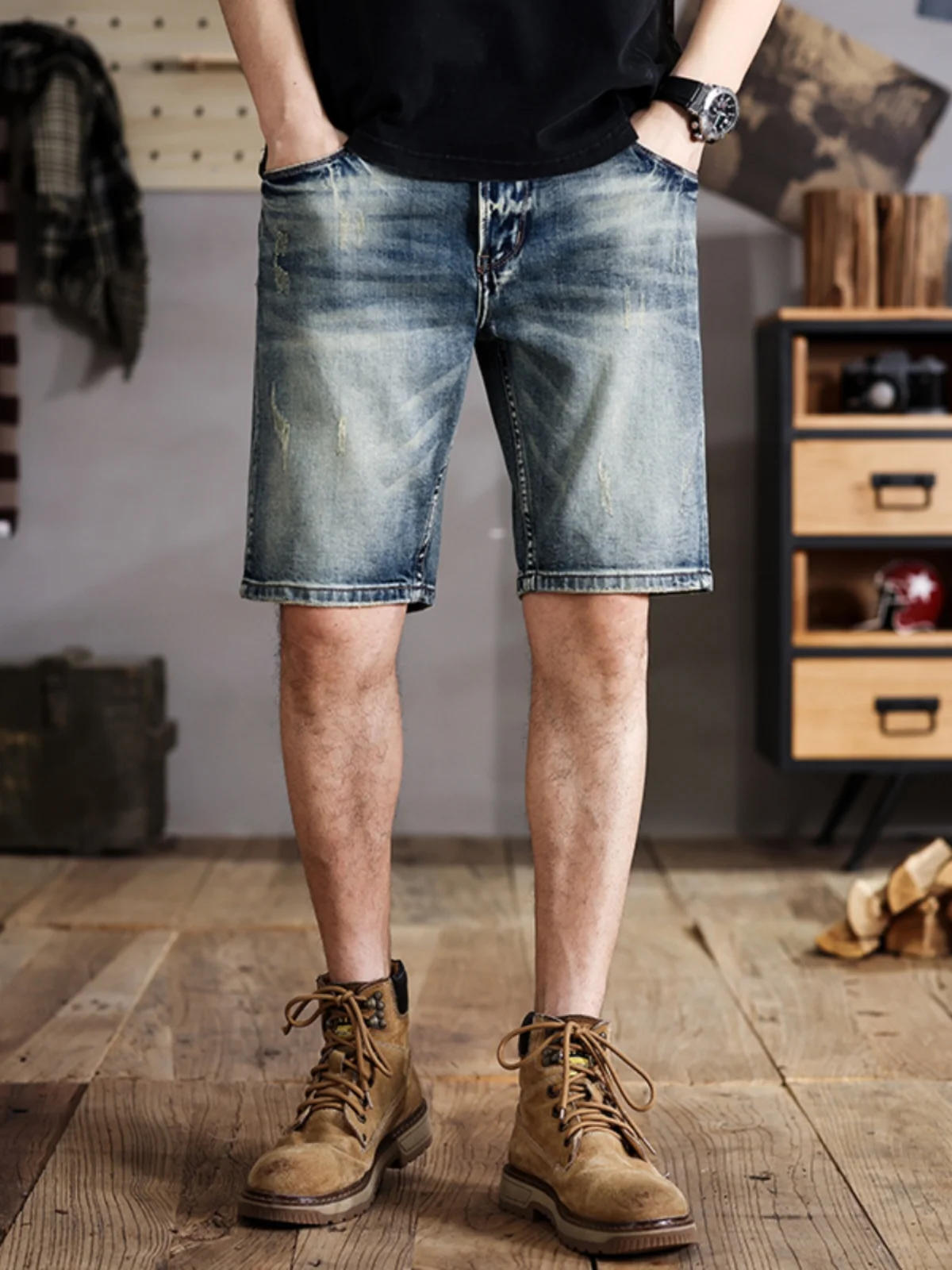 

Summer Vintage Men's Slim Fit Straight Leg Jeans ort Pants Scratch Wear Resistant Casual mid Waist Cotton Stretch Denim