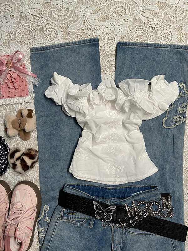 

Original n Embroidered Lace Trim One oulder irt Women's Vintage Summer Slim Fit Cotton ort Sve T-irt