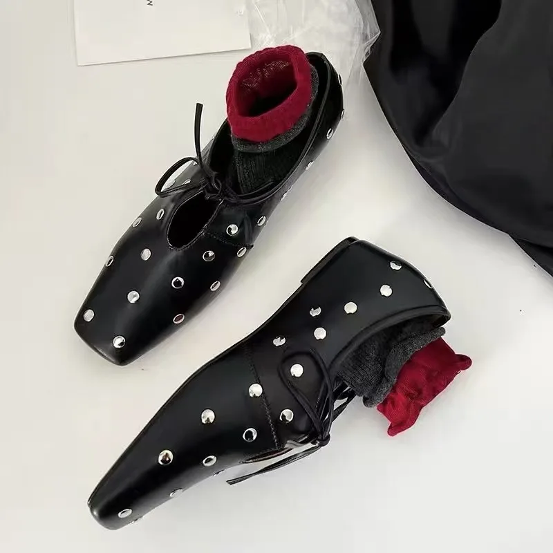 

Новинка 2023 года, женские балетки на плоской подошве, Мэри Джейн, туфли на плоской подошве со шнуровкой, во французском стиле, на низком каблуке с квадратной головкой, весенне-осенний сезон, овчина