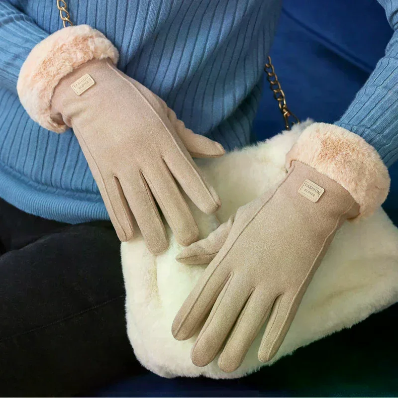 Autumn Winter Warm Suede Gloves Plus Velvet Thickened Plush Decor Cuff Gloves Outdoor Coldproof Touchscreen Riding Ski Gloves