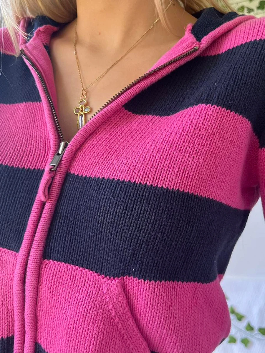 Women Y2k Stripe Hooded Zipper Long Sleeve Hoodies Fairy Grunge 2000s Knit Cardigan Slim Fit Hoodie Pocket Harajuku Streetwear