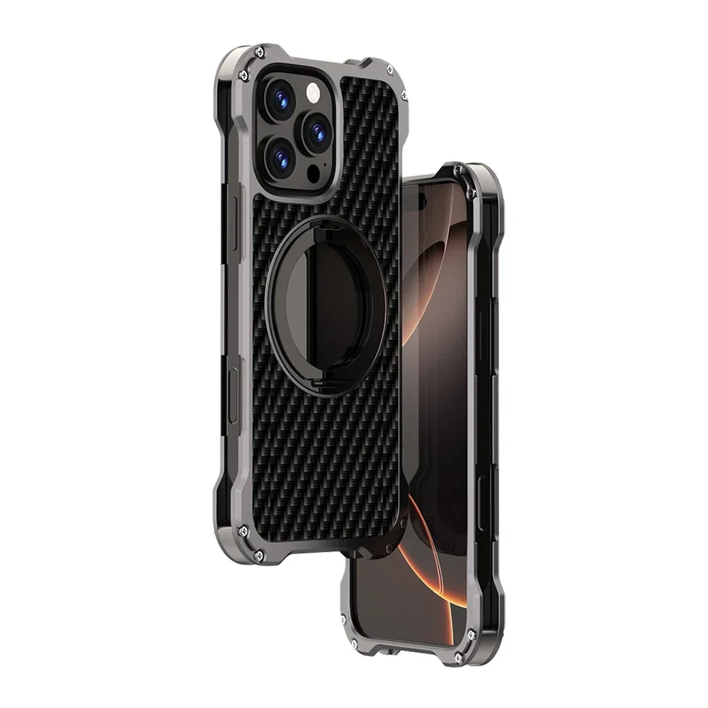 Carbon Fiber Case For iphone 16 Pro Max Metal Armor Plus 15 14 13 Frameless Shockproof Funda Skin Built-in 360 Roating Bracket