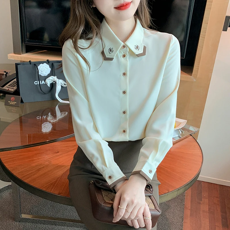 QOERLIN Fall Spring Long Sleeve Embroidered Single-Breasted Shirts Women 2024 New Turn Down Collar Blouse Casual Elegant Tops