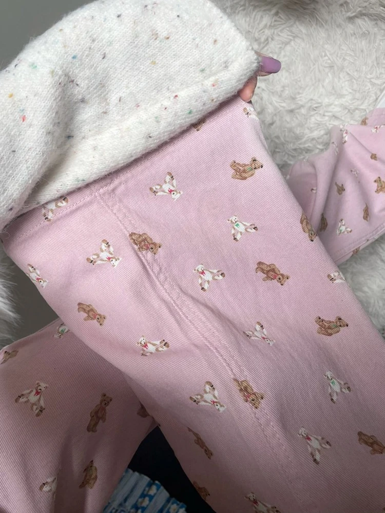Dopne Girl Pink Bear Print High Waist Wide Leg Jeans Women's Autumn Winter Loose Fit Bootcut Pants Retro Sle Denim